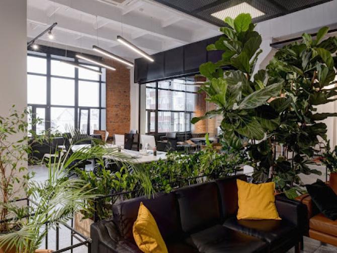 Modernes New-Work-Büro mit Lounge-Bereich, offenen Arbeitsplätzen und begrünten Raumteilern für kollaboratives Arbeiten